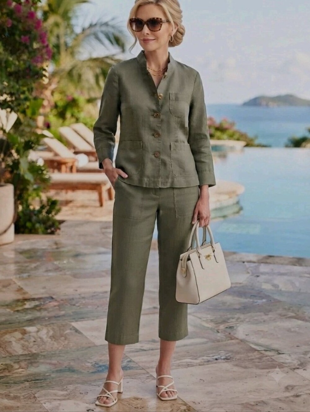 Vintage Cherokee Linen Set Jacket Button Up 3/4 Sleeve & Cropped Pants size 6